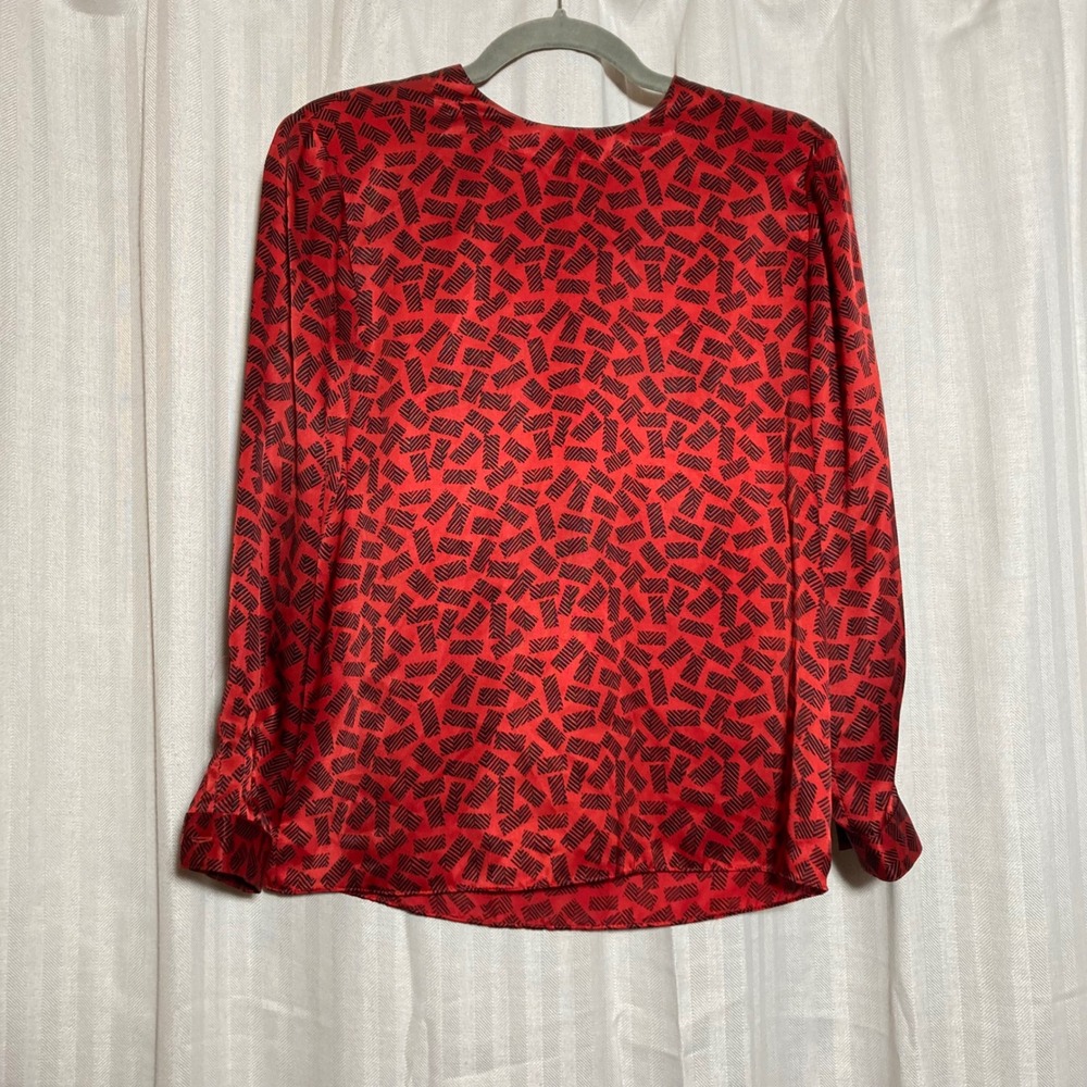 Kasper for ASL Red Black Geometric Print Long Sleeve Blouse Petite 6 Retro 80s